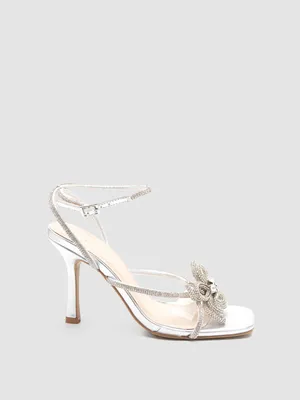 Square Toe High Heel Sandal With Jewelled Flower Embellishment, Silver /