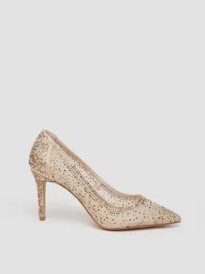 Pointed Toe Jewelled Mesh Pump