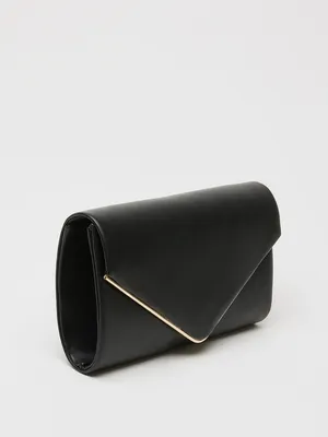 Faux Leather Flapover Clutch With Metal Trim