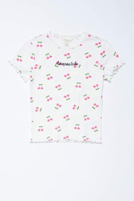 Girls Ribbed Lettuce Edge Embroidered Aéropostale Cherry Graphic Tee