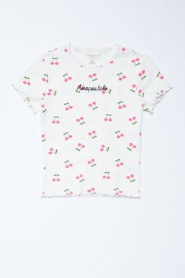 T-shirt côtelé et brodé Aéropostale à ourlet festonné imprimé de cerise pour filles