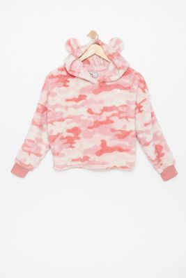 AERO Girls Camouflage Sherpa Bear Ears Aéropostale Embroidered Pullover Pajama Hoodie