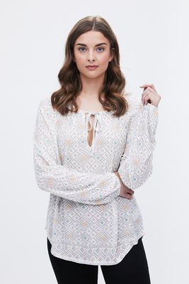 Printed Tie Neck Peasant Top