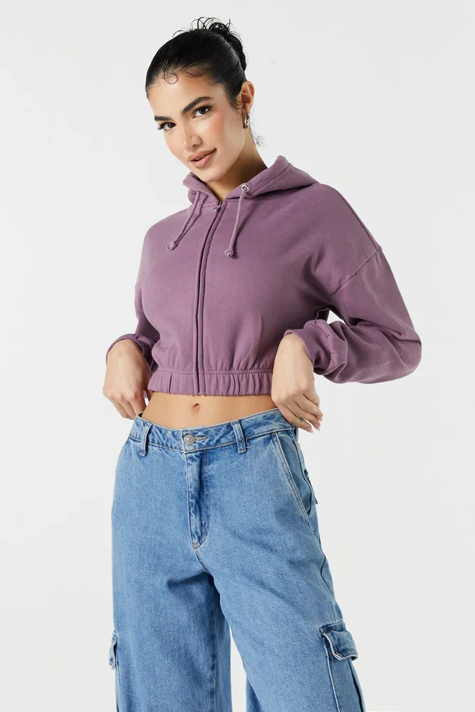 Urban Planet Cropped Zip-Up Hoodie, Eggplant, Womens