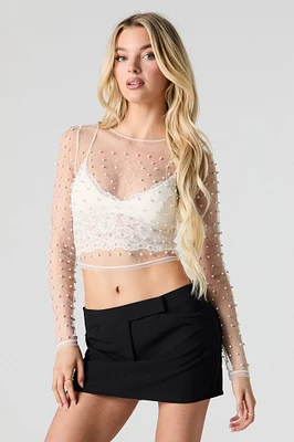 Sheer Mesh Faux Pearl Long Sleeve Top