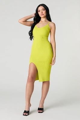 Ribbed Knit V-Neck Slit Midi Dress