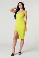 Ribbed Knit V-Neck Slit Midi Dress