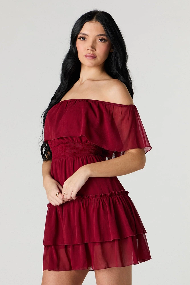 Chiffon Off Shoulder Tiered Mini Dress