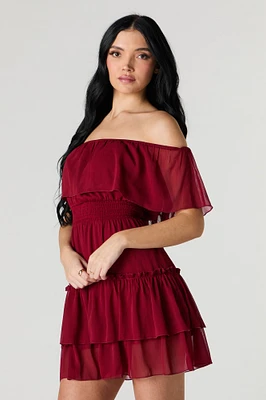 Chiffon Off Shoulder Tiered Mini Dress