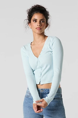 Ribbed V-Neck Button-Up Long Sleeve Top