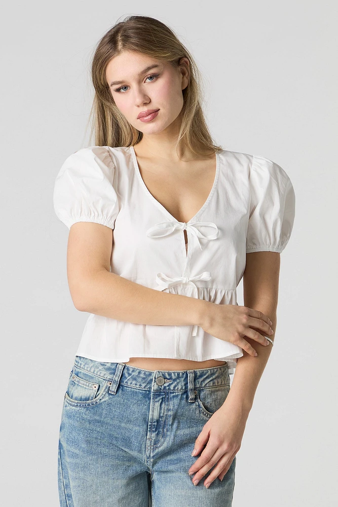 Poplin Ribbon Front Puff Sleeve Top