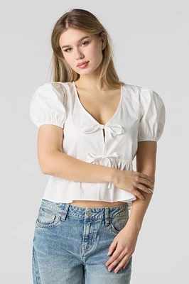 Poplin Ribbon Front Puff Sleeve Top