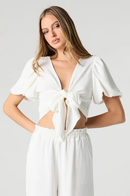 Tie Front Puff Sleeve Crop Top