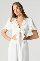 Tie Front Puff Sleeve Crop Top