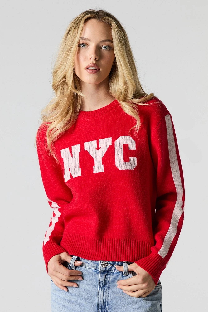 Striped Sleeve Jacquard Knit Sweater