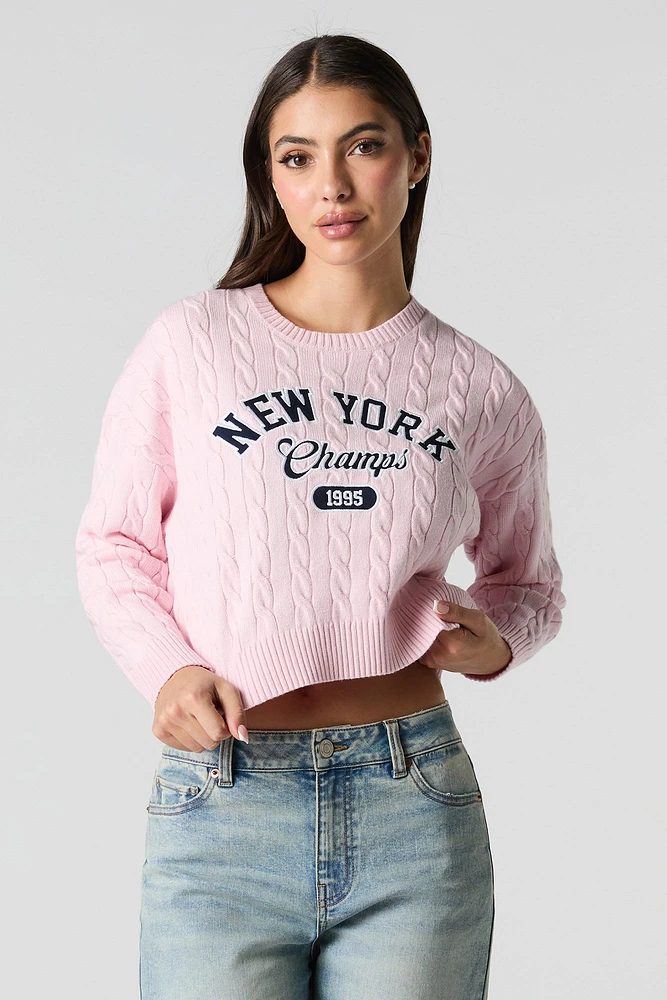 Embroidered Cable Knit Cropped Sweater