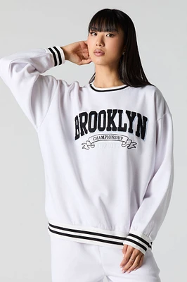 Embroidered Striped Trim Fleece Sweatshirt