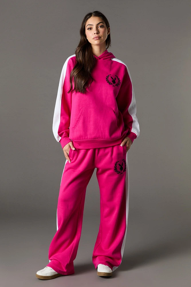 Pantalon en molleton à jambe large blocs de couleurs et broderie Playboy