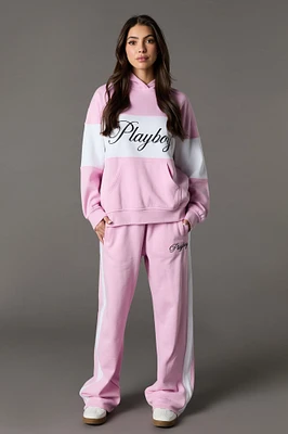 Pantalon en molleton à jambe large blocs de couleurs et broderie Playboy