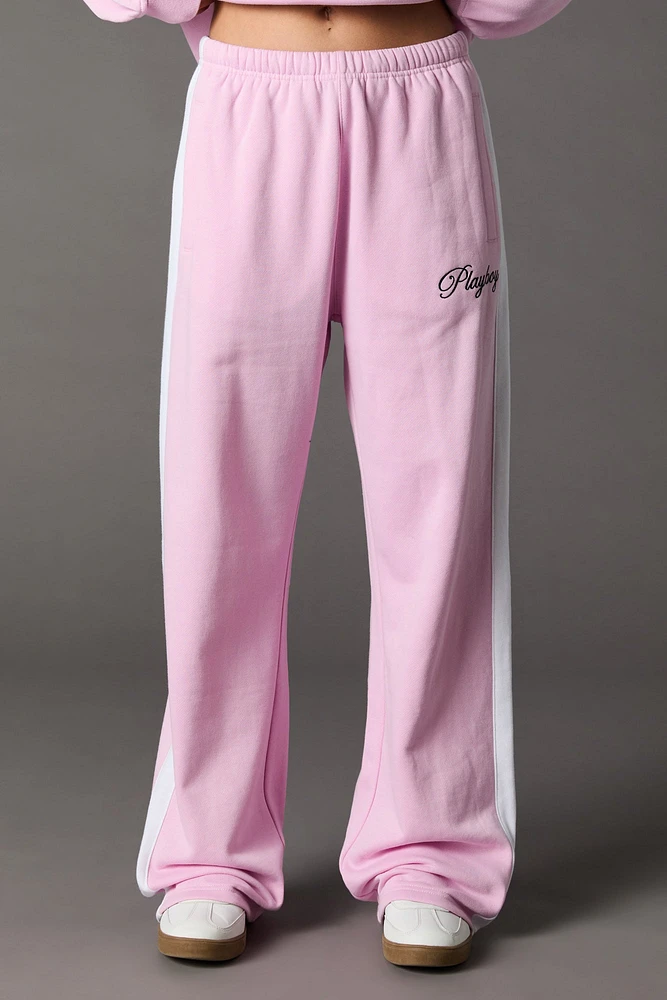 Pantalon en molleton à jambe large blocs de couleurs et broderie Playboy