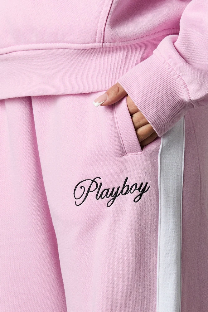 Pantalon en molleton à jambe large blocs de couleurs et broderie Playboy