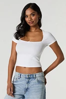 Ribbed Square Neck Rosette Cropped T-Shirt