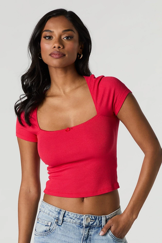 Ribbed Square Neck Rosette Cropped T-Shirt