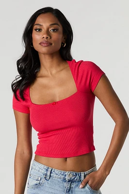 Ribbed Square Neck Rosette Cropped T-Shirt