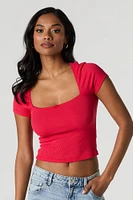 Ribbed Square Neck Rosette Cropped T-Shirt