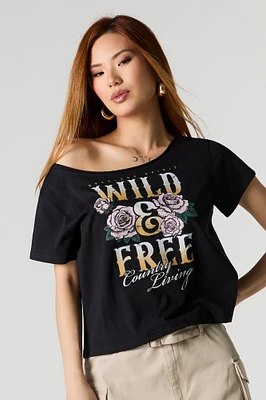 T-shirt à épaule dégagée et imprimé western