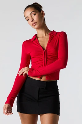 Ribbed Zip Front Collared Long Sleeve Top