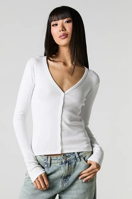 Ribbed V-Neck Button-Up Top