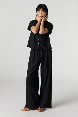 Pantalon en mélange de lin à jambe large avec taille coulissante
