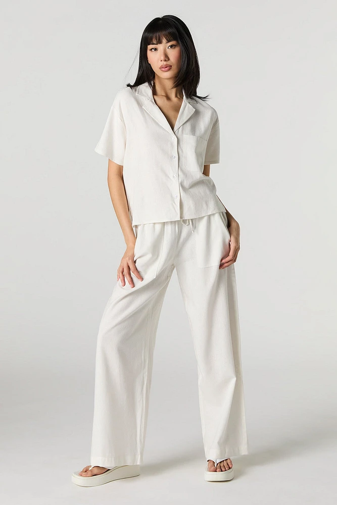 Pantalon en mélange de lin à jambe large avec taille coulissante