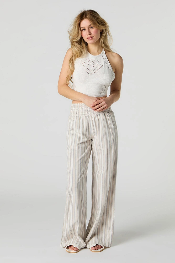 Linen-Blend Smocked Waist Palazzo Pant