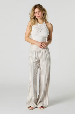 Linen-Blend Smocked Waist Palazzo Pant
