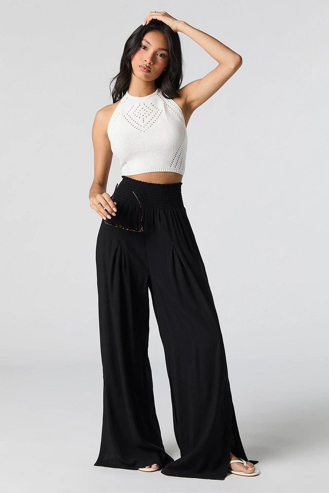 Smocked Waist Slit Palazzo Pant