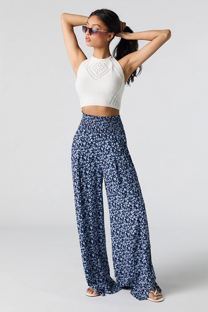 Smocked Waist Slit Palazzo Pant