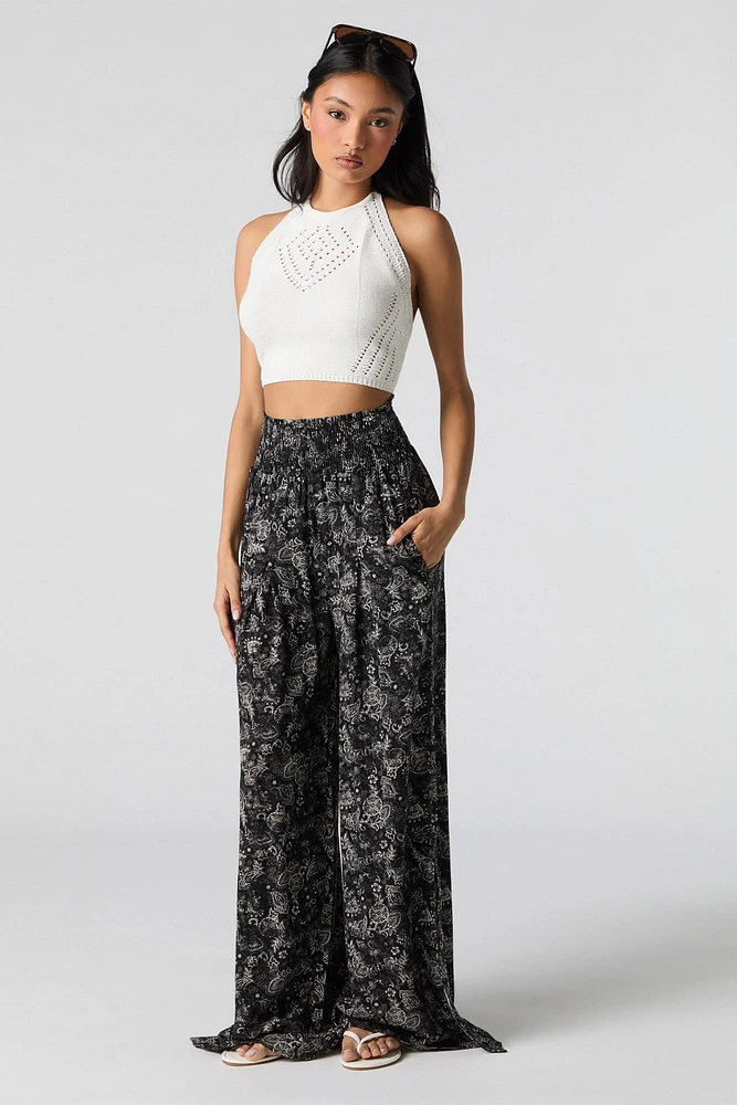 Smocked Waist Slit Palazzo Pant