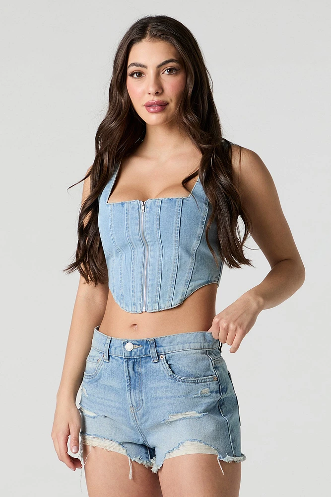 Short en denim d'aspect usé délavé moyen
