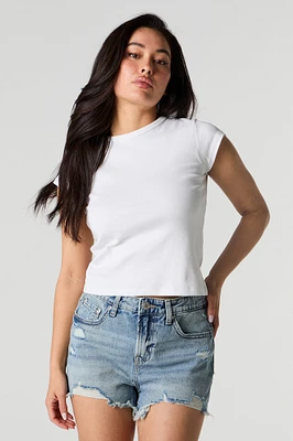 Short en denim rigide à effet d'usure délavé pâle