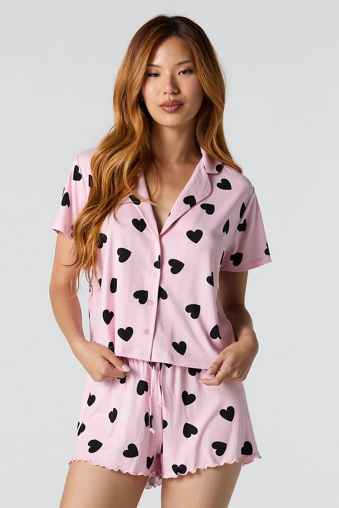 Printed Button-Up Top & Short 2 Piece Pajama Set