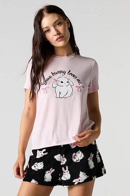 Graphic T-Shirt & Plush Short 2 Piece Pajama Set