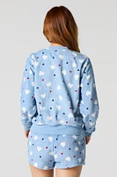 Printed Plush Long Sleeve Top & Short 2 Piece Pajama Set