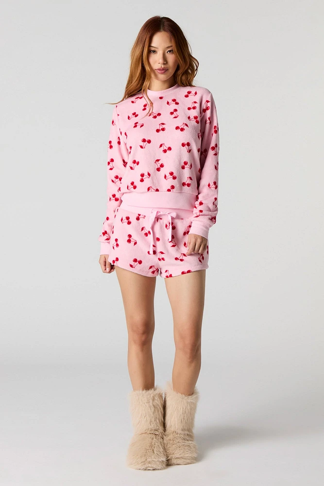 Printed Plush Long Sleeve Top & Short 2 Piece Pajama Set