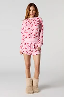 Printed Plush Long Sleeve Top & Short 2 Piece Pajama Set