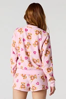 Printed Plush Long Sleeve Top & Short 2 Piece Pajama Set
