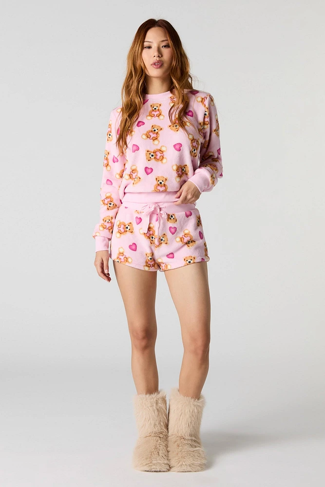 Printed Plush Long Sleeve Top & Short 2 Piece Pajama Set