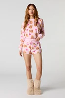 Printed Plush Long Sleeve Top & Short 2 Piece Pajama Set