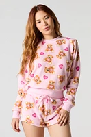 Ensemble-pyjama deux pièces haut à manche longue et short pelucheux imprimés